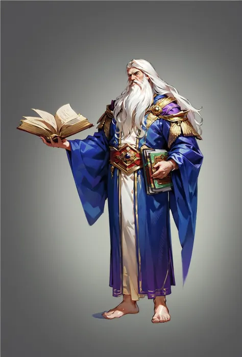 Concept art, hand-drawn drawings, Persian costumes, exotic styles, original character designs, solo, long hair, 1boy, book, beard, male focus, white hair, old, facial hair, old man, floating, grey background, robe, open book, full body, very long hair, jewelry, simple background, standing, wizard, holding, gradient background
<lora:Exotic:0.8>,<lora:bichu-v0612:0.6>,