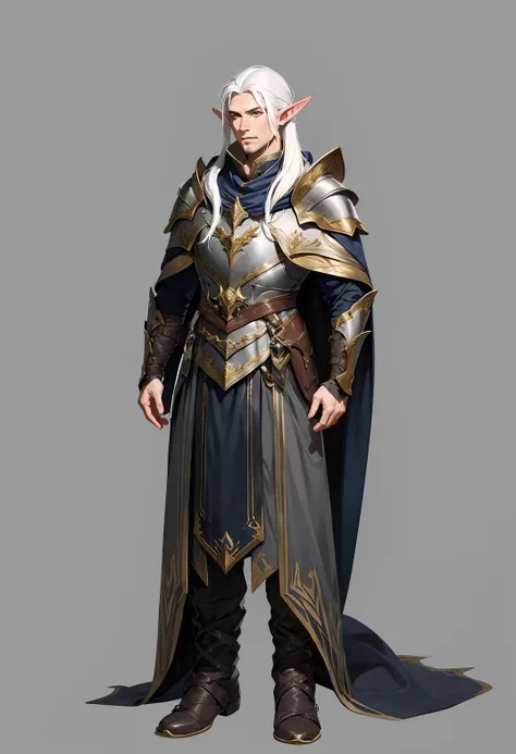 Concept Art, Game Characters, Original Design, European Style, Point Ears, 1boy, Solo, Armor, Male Focus, Standing, Cape, Long Hair, Full Body Elf, White Hair, Gray Background, Boots, Cloak, Simple Background,<lora:Exotic:0.6>,