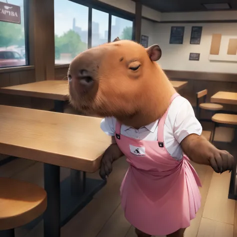 AMSC, (no human:1.2), original, <lora:capybara:1> (capybara), indoors, solo, restaurant, uniform, standing, pink apron, pink skirt, short sleeves, wooden table,
AMTS,
masterpiece, best quality, very aesthetic, absurdres,