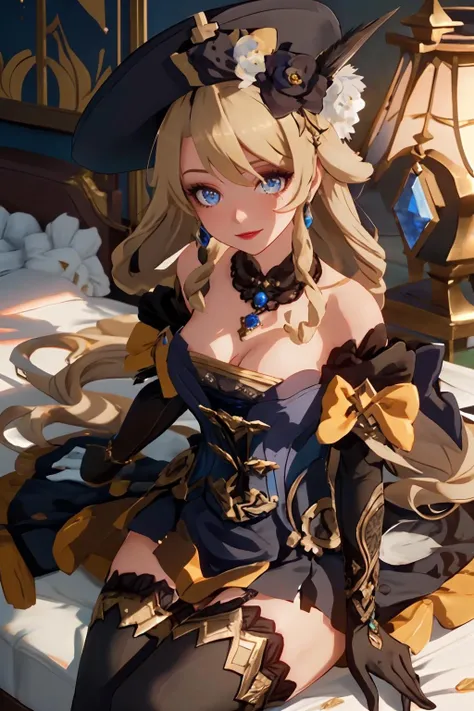 Create a Navia illustration, a character from the game Genshin Impact. she has big breasts. She must be in a bed with a very naughty expression. Navia has long, loose blonde hair., His eyes are big and blue. She must be wearing a black dress with a white front. She must only be in panties and bra. She must only be in panties and bra. she must be in a very sexy pose. The scene must be vibrant and full of details.
