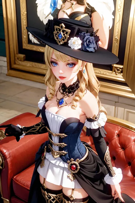 wet, blushing, sitting in bed, nipples, medium breast, half naked, heavy breathing, black headwear, hat flower, hat feather, black thigh highs, black gloves, boots, 1girl, navia, oil painting, detailed eyes, detailed lips (best quality, 4k, highres, masterpiece:1.2), ultra-detailed, realistic:1.37, vivid colors, studio lighting, looking at viewer, sex