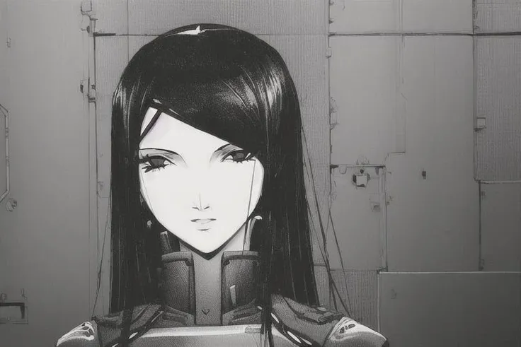 ((female portrait)), heavy contrasts black and white, <lora:Blame!:1>