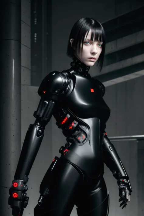 dark colors,RAW photo,realistic,detailed,8k uhd, dslr,sharp,volumetrics dtx,soft lighting,futuristic,((Sanakan (safeguard))), ((pale skin)), beautiful woman, (cyborg), (short black hair), (bangs between eyes)),menacing,closed mouth,portrait, tubes, concrete, mega structures,decrepit scenery, <lora:blamev2:0.7>