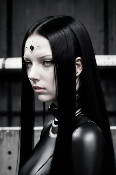 dark colors,RAW photo,realistic,detailed,8k uhd, dslr,sharp,volumetrics dtx,soft lighting,futuristic,((pcell)),(black sclera), ((pale skin)),(top of head covered),((lines under eyes)),(black jewel on forehead), beautiful woman, cyborg, (long eyelashes), latex dress,black hair, long pigtails,closed mouth,long straight black hair, expressionless,portrait, tubes, concrete, mega structures,decrepit scenery, <lora:blamev2:0.7>