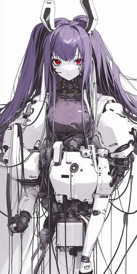 (((Masterpiece)))), (((highest quality)))), ((Ultra Definition)), (Very Detailed Photoreality), (((Very Delicate and Beautiful)), (Delicate and Pretty Face), Cinematic Light, (((1 Machine Girl)), Solo, Full Body, Big, Cleavage Is Visible Skin, White Hair, Purple Eyes, Luminous Eyes, (Mechanical Joint: 1.4), (Mechanical limbs)), (Blood vessels connected to tubes), (( Mechanical vertebrae attached to the back)), (((cervical vertebrae of the machine) attached to the neck)), ((sitting)), expressionless, (wires and cables attached to the head and body: 1.5), (character focus), small LED lamps on the body, Evangelion, SF, detailed neon