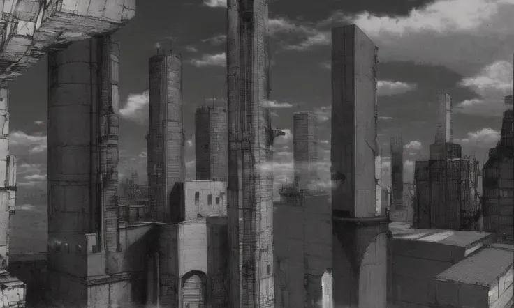 vast scenery, empty, city ruins, cables, tubes, clouds, smoke, (best quality:1.3), monochrome, grayscale, <lora:blame5:1>, g-pen sketches, rough outline,detailed shadow