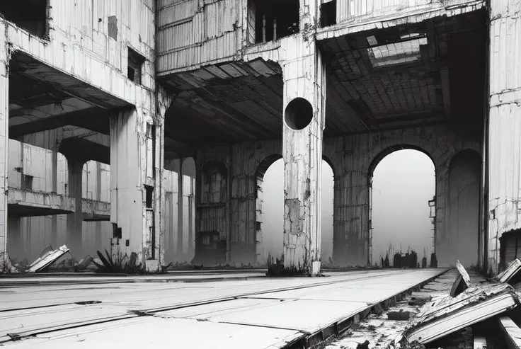 ((masterpiece)), ((best quality))1girl, Empty, ruins, huge scenes, sky, metal, machines, machinery ,Black and white, comic style, shabby landscape, heavy black and white, <lora:Blame!:1>