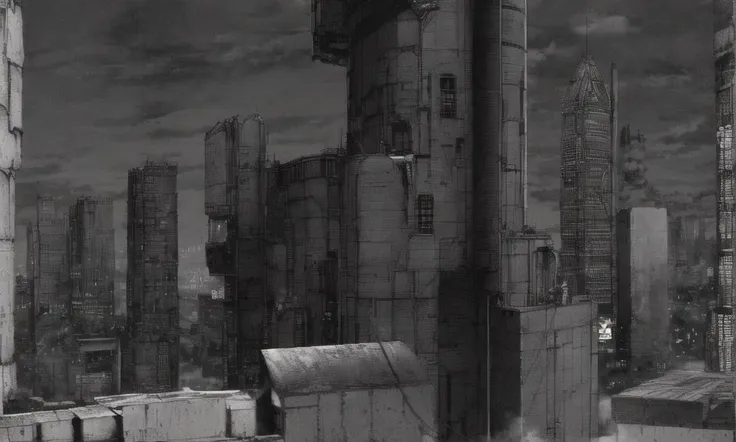 vast scenery, empty, city ruins, cables, tubes, clouds, smoke, (best quality:1.3), monochrome, grayscale, <lora:blame5:1>, g-pen sketches, rough outline,detailed shadow