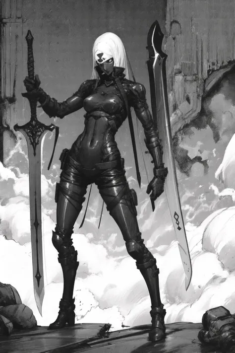Bodysuits、armor、Kaiju 8、Tatsuyuki、girl、Japanese、Medium bust、One person、solo、Very thin、long, straight black hair、Holding a Japanese sword、Dynamic pose、Staring at the camera、