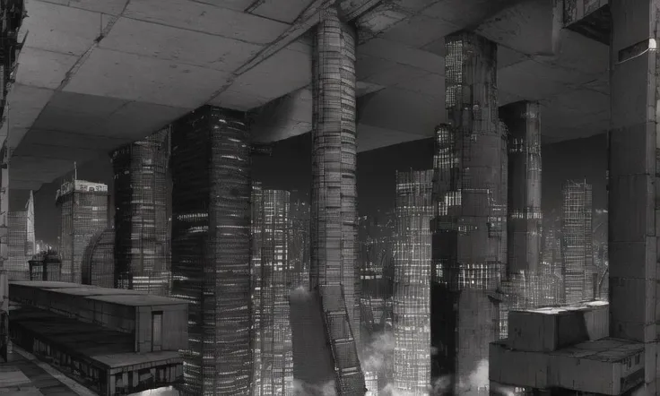 vast scenery, empty, city ruins, cables, tubes, clouds, smoke, megastructures, dystopian minimalistic buildings, (best quality:1.3), monochrome, grayscale, <lora:blame5:1>, g-pen sketches, rough outline, detailed shadow