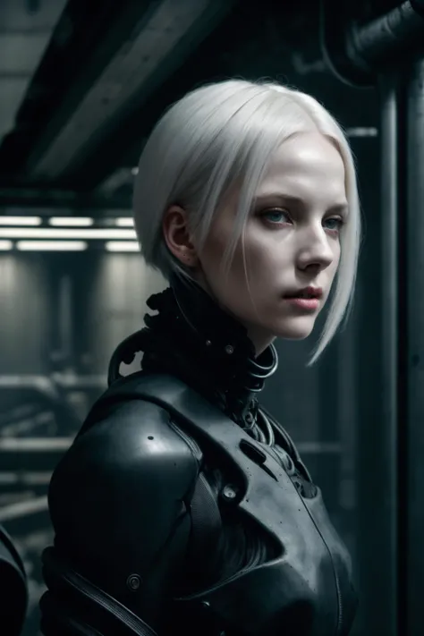 dark colors,RAW photo,realistic,detailed,8k uhd, dslr,sharp,volumetrics dtx, highly detailed,soft lighting,futuristic,cibo (level9), beautiful woman, short white hair,portrait, detailed face, pale skin, tubes, concrete, mega structures,decrepit scenery, <lora:blamev2:0.7>