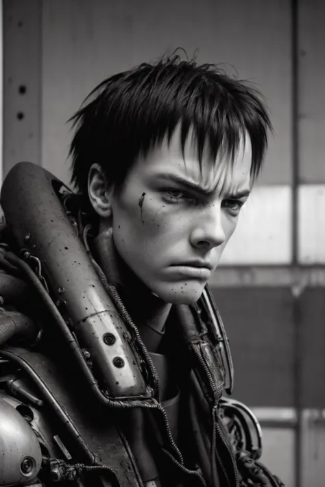 muted colors,RAW photo,realistic,detailed,8k uhd, dslr,sharp,volumetrics dtx,soft lighting,futuristic, cyber armor,killy, man, strong, manly,((pale skin)), scars, messy hair, short hair,bangs, looking at viewer,((facing viewer)), close-up,(angry, expressionless:1.2),menacing,closed mouth,portrait, tubes, concrete, mega structures,decrepit scenery, <lora:blamev2:0.9>