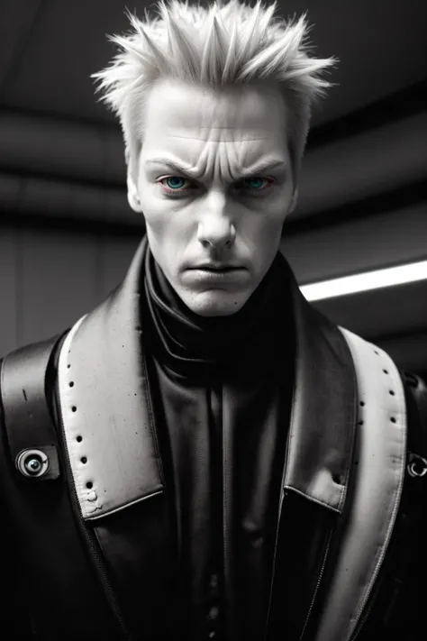 dark colors,RAW photo,realistic,detailed,8k uhd, dslr,sharp,volumetrics dtx,soft lighting,futuristic, (dhomochevsky), man, strong, manly,((pale skin)),(((one closed eye))), spiked hair, white hair, looking at viewer,((facing viewer)), close-up,(angry, expressionless:1.2),closed mouth,portrait, tubes, concrete, mega structures,decrepit scenery, <lora:blamev2:0.8>
