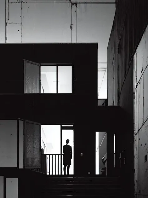 modern house facade , organic, heavy black and white, dim light, photorealistic, 185mm f/1. 4 iso 100, cinematic 8k, cinematic hbo, crisp quality and light reflections, backlighting, colorgrading, post-processing, (Masterpiece:1.3)<lora:Blame!:1>