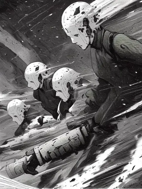 group, multiple safeguard, safeguard, (debris, dynamic, action, battle scene:1.3), standing, weapon, safeguard sign on forehead, destroyed background, (best quality, highly detailed face:1.3) <lora:blame5-000040:1>