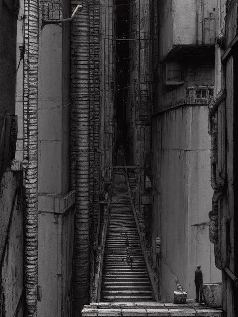 (vast scenery:1.3), city, deep horizon, stairs, decrepit, open space, (tubes, cables:1.3), (best quality:1.3) <lora:blame5-000040:1>