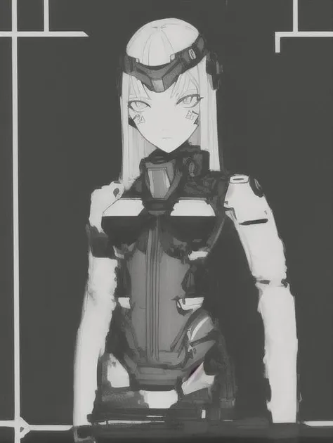 cyborg girl portrait, dim light, ((heavy black and white)), <lora:Blame!:1>