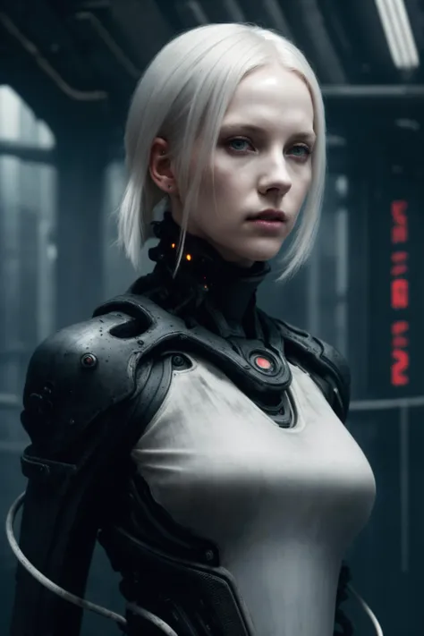 dark colors,RAW photo,realistic,detailed,8k uhd, dslr,sharp,volumetrics dtx, highly detailed,soft lighting,futuristic,cibo (level9), beautiful woman, short white hair,portrait, detailed face, pale skin, tubes, concrete, mega structures,decrepit scenery, <lora:blamev2:0.7>