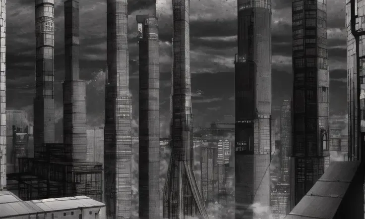 vast scenery, empty, city ruins, cables, tubes, clouds, smoke, megastructures, dystopian minimalistic buildings, (best quality:1.3), monochrome, grayscale, <lora:blame5:1>, g-pen sketches, rough outline, detailed shadow