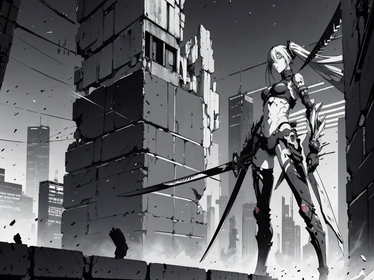 Hatsune Miku destroy the wall with katana sword, moment of impact, megastructure in background, futuristic, cyberpunk, author Tsutomu Nihei, screentones, greyscale, intricate details, b&w, dynamic pose, dynamic angle, asymmetrical composition, epic, vast scenery, city ruins, cables, tubes, <lora:blame5:0.64>, blm