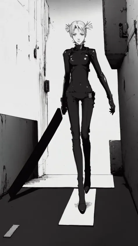 cibo, full body, black bodysuit, white background, best quality, short hair, short twintails, front view, going, walls, floor, blade, jpeg artifacts, traditional media, manga
