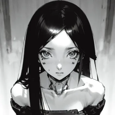 (masterpiece, best quality), bust, face, look at viewer, from above, city background,
1girl, long black hair, straight hair, (hime cut), (show collarbone), cyborg, student,
((black and white)), <lora:Blame!:1.2>