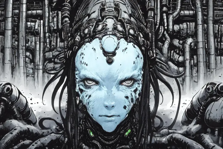 <lora:Blame!:1> heavy black and white, giant-gross-organic, monsters-creatures, cyborg girl portrait, OrganicBiomArt, ((monochrome)), , detailed (wrinkles, blemishes!, folds!, moles, viens, pores!!, skin imperfections:1.1), highly detailed glossy eyes, (looking at the camera), specular lighting, dslr, ultra quality, sharp focus, tack sharp, dof, film grain, centered, Fujifilm XT3, crystal clear