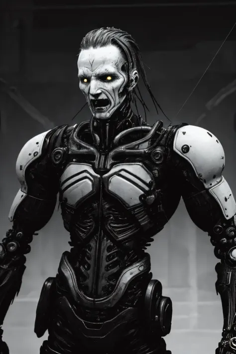 (humanoid with a white synthetic skin face full of cybernetic implants), (black leather futuristic cybernetic suit:1.8), (sword fighting pose, swinging sword:1.7), (thick dark leather coat with neck cover:1.3), (cross tattoo only on forehead:1.3), 1guy, blue sky, cloud, collarbone (looking at viewer and smiling:1.2), (white reflective eyes:1.1), sky, solo, upper body, ((masterpiece)), (smirk512:1.3), (synth goth cyber armor with metal plates:1.3), (thick stretched neck guard made out of body pipes:1.2), <lora:epiNoiseoffset_v2:1>, (masterpiece), (best quality), (high resolution), hyper detailed, detailed_background, cables, dim light, vast, space age architecture, communism architecture, Bauhaus, (dimly lit pale eyes:1.4), (head tattoos:1.8)
OrganicBiomArt, <lora:bodhor:0.4> <lora:Blame!:1>
((environment falling apart)), (catastrophic failure), (action shot:1.6), (dark photo:1.11), (hyper realistic:1,11), (high contrast:1.22), (detailed skin texture:1.33), (blush:0.6), (goosebumps:0.5), subsurface scattering,