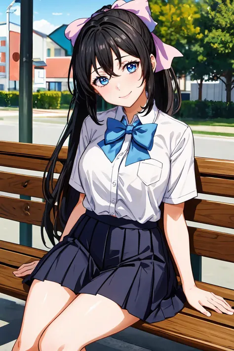 (masterpiece, best quality:1.2), highres, anime screencap, anime coloring, 1girl, solo, smile, head tilt,
Chitose_Yukino_V1, black hair, long hair, hair between eyes, high ponytail, hair bow, pink hair bow, blue eyes, large breasts,
school uniform, white shirt, short sleeves, blue bowtie, blue skirt, pleated skirt,
sitting on bench,
outdoors, park, park bench, facing viewer, looking at viewer,
<lora:add_detail_CyberAlchemist:0.4>, <lora:GoodHands-beta2:0.8>, <lora:ChitoseYukinoV1_2-000010:0.85>