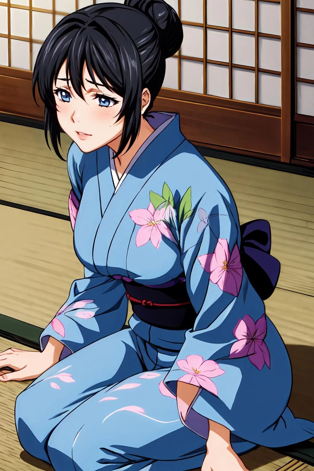 (masterpiece, best quality:1.2), highres, anime screencap, anime coloring, 1girl, solo,
Chitose_Yukino_V1, black hair, short hair, bangs, hair bun, single hair bun, blue eyes, large breasts, lips,
japanese clothes, blue kimono, yukata, floral print, sash, obi, long sleeves, wide sleeves,
sitting, seiza, leaning forward,
indoors, japanese room, tatami,
<lora:add_detail_CyberAlchemist:0.4>, <lora:GoodHands-beta2:0.8>, <lora:ChitoseYukinoV1_2-000010:0.85>