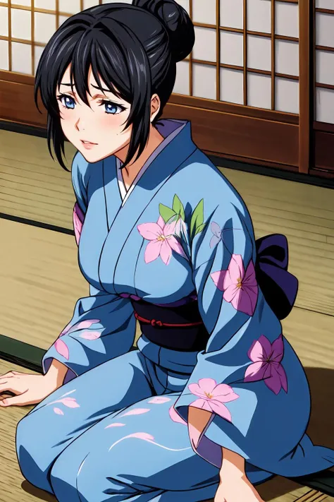 (masterpiece, best quality:1.2), highres, anime screencap, anime coloring, 1girl, solo, 
Chitose_Yukino_V1, black hair, short hair, bangs, hair bun, single hair bun, blue eyes, large breasts, lips, 
japanese clothes, blue kimono, yukata, floral print, sash, obi, long sleeves, wide sleeves, 
sitting, seiza, leaning forward, 
indoors, japanese room, tatami, 
<lora:add_detail_CyberAlchemist:0.4>, <lora:GoodHands-beta2:0.8>, <lora:ChitoseYukinoV1_2-000010:0.85>