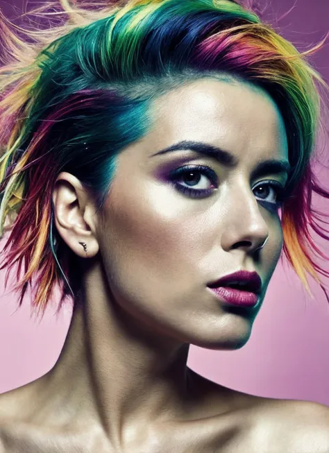 portrait of sks woman by Flora Borsi, style by Flora Borsi, bold, bright colours, rainbow Mohawk haircut, ((Flora Borsi)), <lora:locon_chloebennet_v1_from_v1_64_32:1.25>