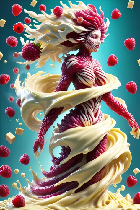 (Raspberry and White Chocolate DonM3l3m3nt4lXL elemental:1.3), woman, chunky bits<lora:DonM3l3m3nt4lXL:1>, (masterpiece:1.2), best quality, colorful, (intricate details, hyperdetailed, highest detailed:1.2), high resolution textures, <lora:EnvyBetterHiresFixXL01:1>