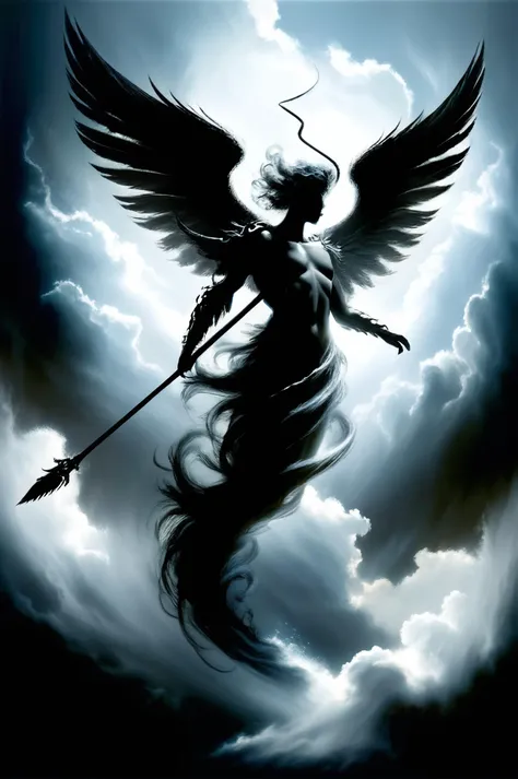 cloud sky,black angel holding spear, <lora:DonM3l3m3nt4lXL:0.8> DonM3l3m3nt4lXL
