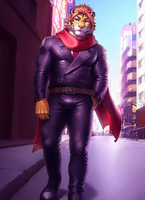 <lora:nomad-08:1>, nomad, (soft shading), 4k, hi res, ((detailed face, detailed eyes, detailed)), (full body), by zackarry911, by zaush, (by personalami:0.5), mature male, bara, muscular male, muscular, red eyes, (pose:1.3), solo, tokyo \(city\), street, looking at viewer, 1boy, jacket, male focus, thighs, belt, pants, scarf, feet out of frame, thick thighs, black pants, bulge, red scarf, leather, leather jacket, tail, tiger tail