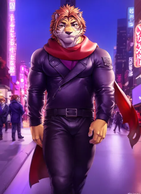 <lora:nomad-08:1>, nomad, (soft shading), 4k, hi res, ((detailed face, detailed eyes, detailed)), (full body), by zackarry911, by zaush, (by personalami:0.5),  mature male, bara, muscular male, muscular, red eyes, (pose), tokyo \(city\), street,  looking at viewer, 1boy, jacket, male focus, thighs, belt, pants, scarf, feet out of frame, thick thighs, black pants, bulge, red scarf, leather, leather jacket