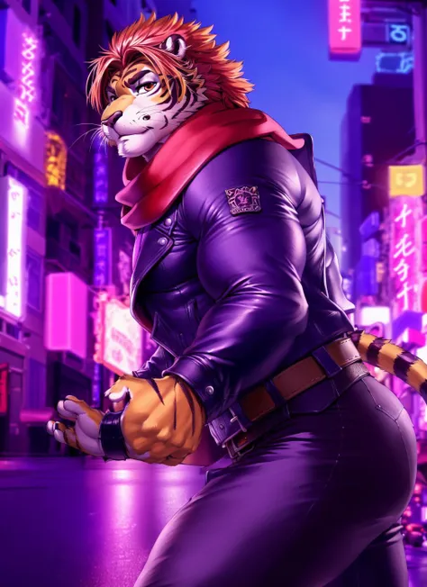 <lora:nomad-08:1>, nomad, (soft shading), 4k, hi res, ((detailed face, detailed eyes, detailed)), (full body), by zackarry911, by zaush, (by personalami:0.5), mature male, bara, muscular male, muscular, red eyes, (pose:1.3), solo, tokyo \(city\), street, looking at viewer, 1boy, jacket, male focus, thighs, belt, pants, scarf, feet out of frame, thick thighs, black pants, bulge, red scarf, leather, leather jacket, tail, tiger tail, (fighting stance), (dynamic pose), ((side view))