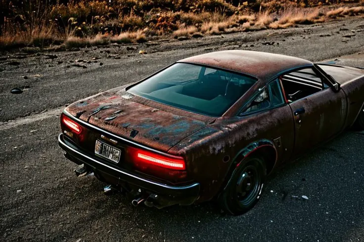 high resolution textures, high-res, high poly, Maelstrom5, realistic, photo, photorealistic, car, motor vehicle, exposed machinery, cyborg, glowing eyes, rust, broken, black color scheme <lora:Maelstrom5:0.9>