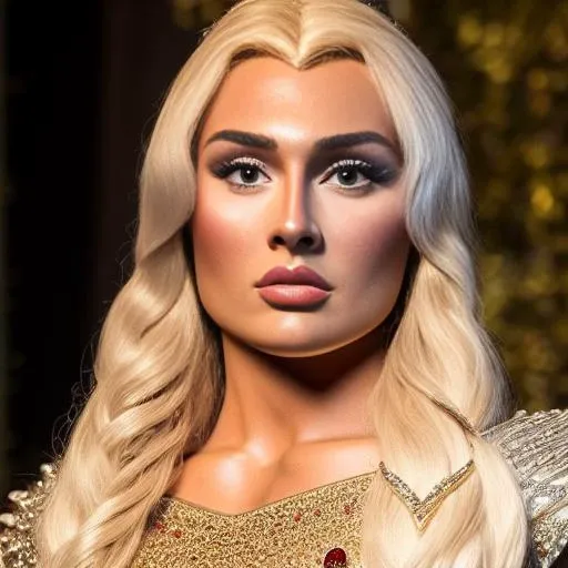 closeup portrait of tffnyStrton dressed as daenerys targaryen queen in fantastic dress next to a dragon, embellished crystal and gemstones, golden ratio, photo taken with canon eos 5d mark iv