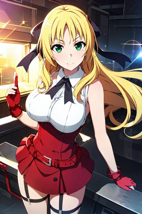 diffraction_spikes,sparkle, red dress, black boots,red_gloves,black_ribbon,black and white collared shirt,sleeveless, <lora:Esther_rosenthal_Accelerator-KK77-V1:0.7>, blonde_hair, green eye,black_ribbon,hair_ribbon,long_hair,
1 girl, 20yo,Young female,Beautiful Finger,Beautiful long legs,Beautiful body,Beautiful Nose,Beautiful character design, perfect eyes, perfect face,expressive eyes, looking at viewer, in the center of the image,(light_smile:0.5), official art,extremely detailed CG unity 8k wallpaper, perfect lighting,Colorful, Bright_Front_face_Lighting,shiny skin, (masterpiece:1.0),(best_quality:1.0), ultra high res,4K,ultra-detailed, photography, 8K, HDR, highres, absurdres:1.2, Kodak portra 400, film grain, blurry background, bokeh:1.2, lens flare, (vibrant_color:1.2) (Beautiful,large_Breasts:1.0), (beautiful_face:1.5),(narrow_waist)