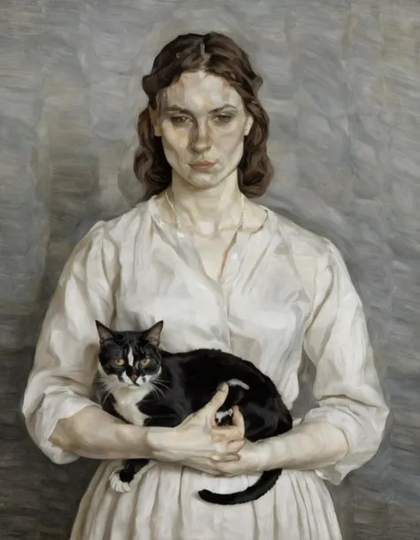 <lora:fr3u:0.8>fr3u portrait of a woman holding a cat