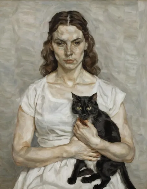 <lora:fr3u:0.8>fr3u portrait of a woman holding a cat