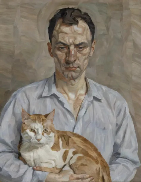 <lora:fr3u:0.8>fr3u portrait of a man holding a cat