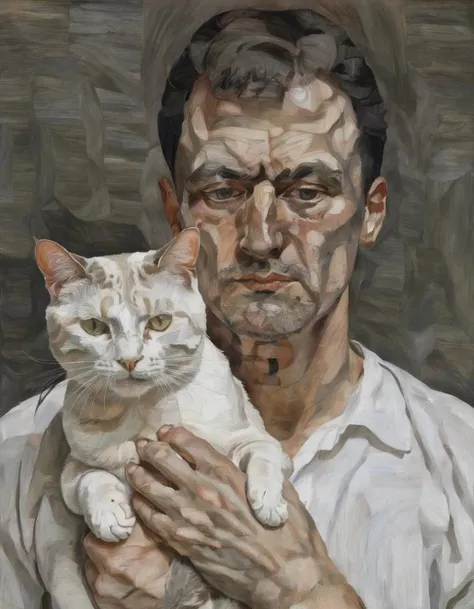 <lora:fr3u:0.8>fr3u portrait of a man holding a cat