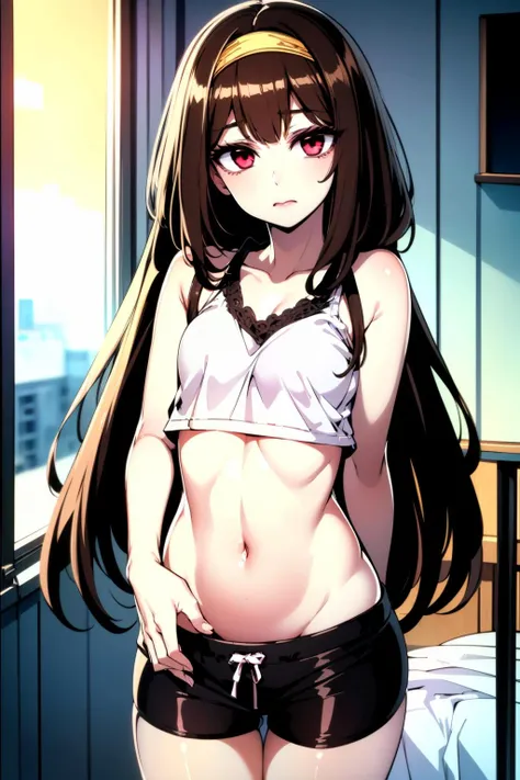 ((masterpiece:1.2)), ((ultra-detailed)), ((best quality)), ((intricate details)), ((chromatic aberration)), 1girl, long hair, shy, ((brown hair)), ((small breasts)), makeup, black eyeliner, (expressionless), looking at viewer, <lora:ajimu:0.7>, ((bedroom, crop top, open belly, gym shorts, ))