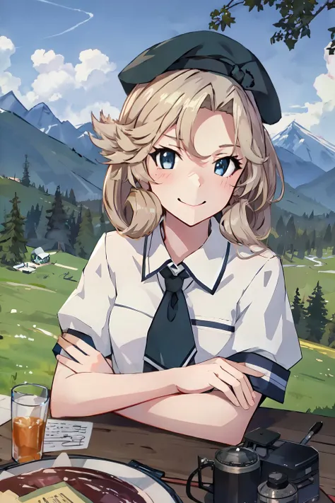 (masterpiece, best quality:1.4), (ultra-detailed:1.2), {illustration,picturesque}, {studio light, picturesque}, [best shadow],
(KonishiCSA)_(ShizumaCSA), (AlphaCDE:1.3)_(GammaCDE:1.15),
BREAK
(perfect anatomy), (symmetric eyes, ultra-detailed eyes, beautiful eyes), (sharp eyeliner, ultra-detailed face, beautiful face),(blue eyes),
BREAK
nice hands, perfect hands, hand by Guido Daniele,
BREAK
1girl, solo,
BREAK
JanusCampingKC, (Camping) outfit, ((white) shirt:1.3), (green) neckerchief, (blue) beret, (black) belt, (blue) pleated skirt, (white) gloves, (black) socks, shoes, (short sleeves) shirt, (collared) shirt,
BREAK
looking at viewer, (oblique portrait, upper body shot), smile, blush, (outdoor, mountain, camping, cloud), sitting, wooden table, chair,
BREAK
<lyco:hands:1.0>, <lora:CSA-v0.2:0.55>,  <lora:CSA-MLU:0.55>, <lora:CDE:0.7>, <lora:Janus-10:1>
