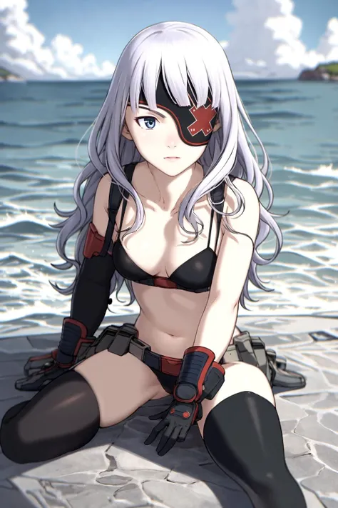 masterpiece, (best quality), vibrant colors ,natural lighting ,RTX, perfect proportions, beautiful, detailed face, (perfect eyes:1.1) ,(photorealistic:1.1), 8k uhd, ocean, close-up, POV, kana, 1girl, solo, long hair, small breasts, looking at viewer, thighhighs, navel, cleavage, white hair, eyepatch, single thighhigh, red armguard, black gloves, black footwear, Leaning back with hands stretched out, <lora:Kana:1>