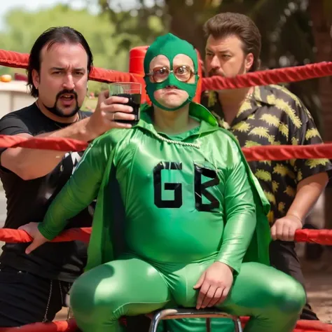 metal stool, RAW photo, wrestling ring on the street, trailer park, asphalt road, parked rv, caravan park, green lawn, white trash neighborhood, (green spandex outfit, solid deep green color, single color fabric, very tight wrestling outfit:1.3), Fujifilm XT3, trending on ArtStation, trending on CGSociety, Intricate, High Detail, Sharp focus, dramatic, stunning, hdr, subsurface scattering, global illumination, film still, Film-like, bokeh, 3d, vivid color/raytraced/warm colors, photorealistic painting art by midjourney and greg rutkowski, cinematic, 40mm f/2.8, remastered, 8k, 4k uhd, crisp details, ultra detailed