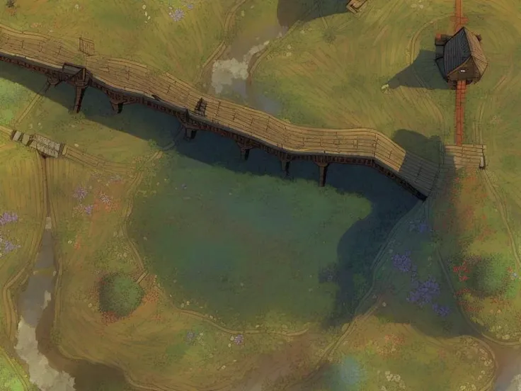 <lora:BattleMap:1> ((BattleMap)), (top view)
trade route, meadow terrain, ((wide road, wooden bridge over a stream)), windmills, flowers, ships
Soft light, sun light, sunny
mny details, render, day light 
<lora:add_detail:1>