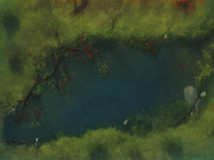 <lora:BattleMap:0.8> BattleMap, (top view)
Sunny green forest, bushes with berries, river, fallen trees, house on the edge, roof top view
(bonfire, campfire) 
Hard light, sun direct light, shadows
 <lora:add_detail:1>